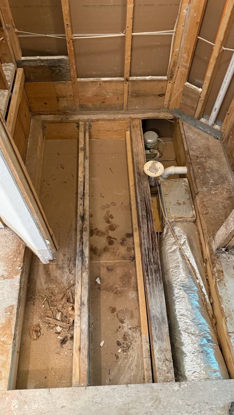 Shower removed to the studs revealing a rotted subfloor from a long-term leak